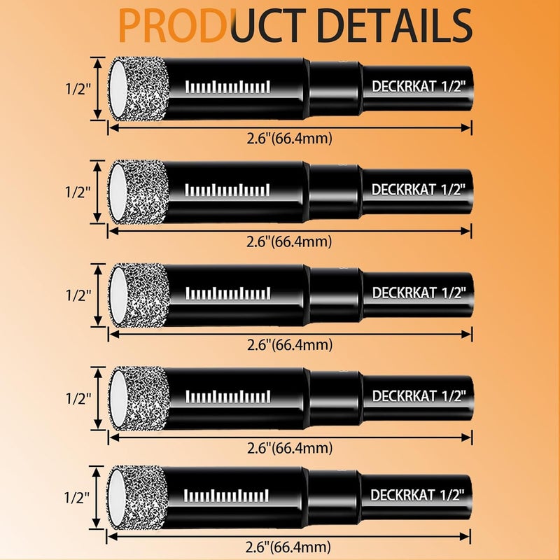 DECKRKAT Store 5 Packs Dry Diamond Drill Bits Set 1/2" 12mm Vacuum Brazed Diamond Hole Saws for Granite Tile Ceramic Marble Stone Glass and More Hard Materials (not for Wood), Round Shank with Storage Case - Image 2